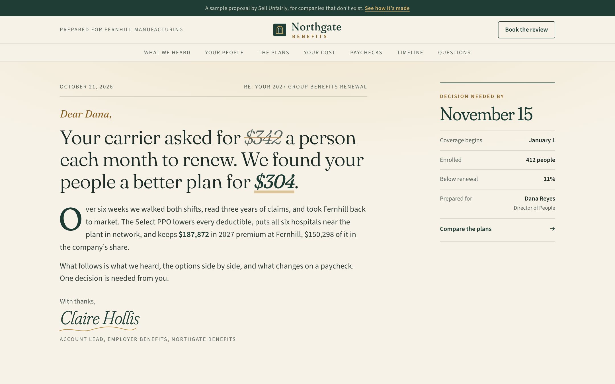 An employer proposal written as a letter, with the new rate per person and the decision date